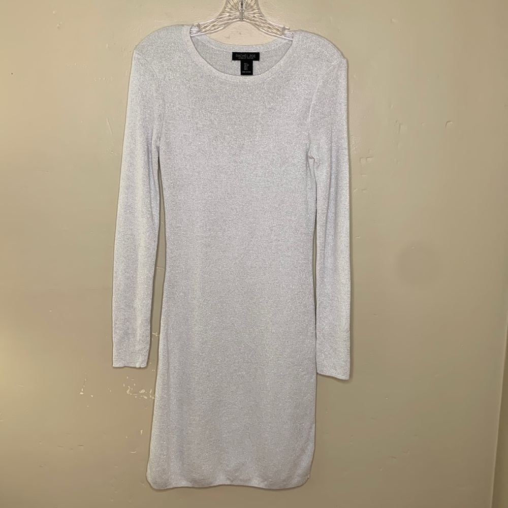 RACHEL ZOE Sweater Dress Silver Shimmer Bodycon Scoop Neck Popover Dress Small